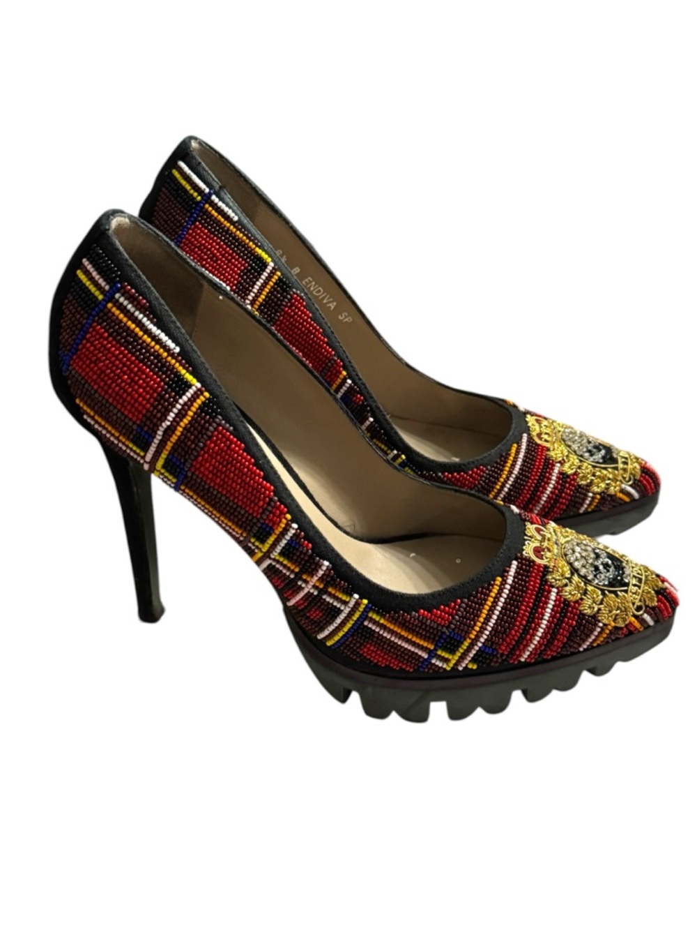 DONALD J PLINER RED BEADED TARTAN ROYAL SKULL CREST PUMPS SZ 8.5 RARE - Picture 6 of 9